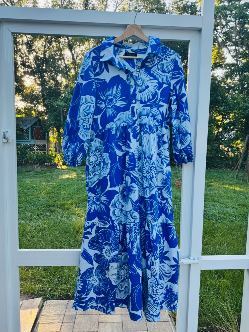 Rachel Zoe Blue and White Floral Collared Maxi Dress